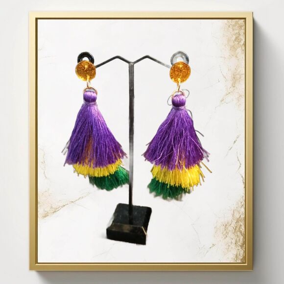 Purple Gold Green Tassel Dangle Earrings - Picture 2 of 4